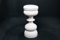 Baluster barstool in white. The base stacks three softly rounded bulbous forms. A broad domed foot, a mid sphere, and an upper globe, connected by a narrow collar, and topped with a wide disc and round white bouclé upholstered seat.