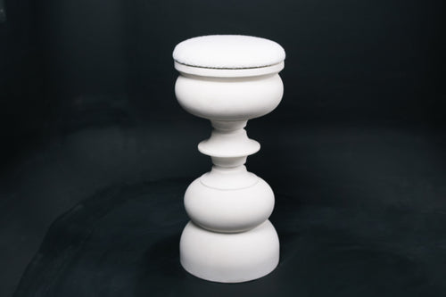 Baluster barstool in white. The base stacks three softly rounded bulbous forms. A broad domed foot, a mid sphere, and an upper globe, connected by a narrow collar, and topped with a wide disc and round white bouclé upholstered seat.