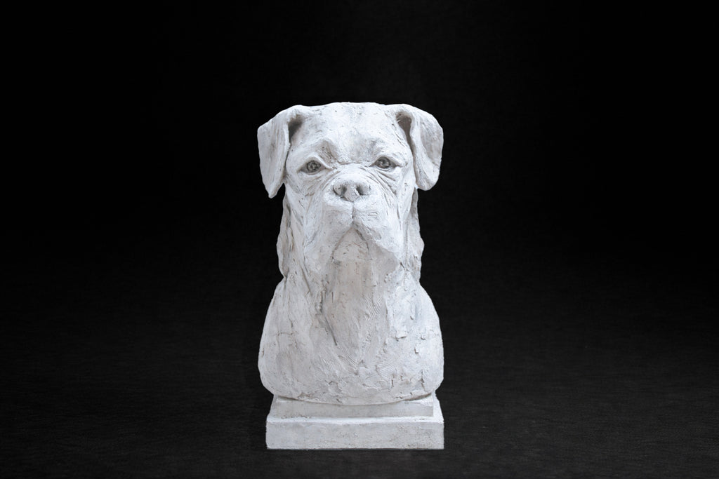 White plaster portrait bust of a Boxer dog with a broad muzzle on a stepped square base.