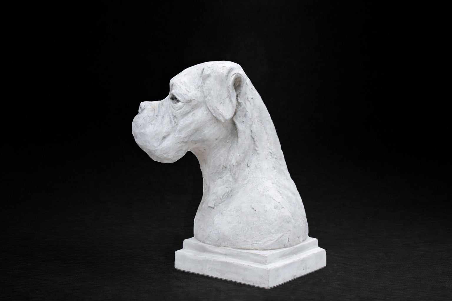 White plaster portrait bust of a Boxer dog with a broad muzzle on a stepped square base.