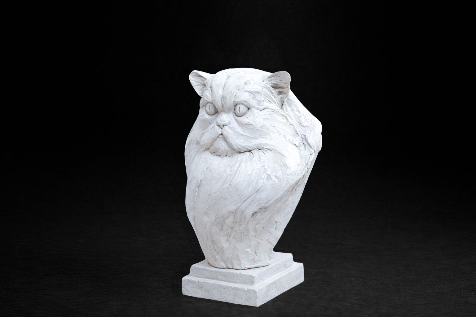 White plaster portrait bust of a Persian cat with a flat face and full fluffy coat on a stepped square stand.