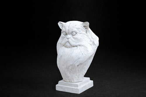 White plaster portrait bust of a Persian cat with a flat face and full fluffy coat on a stepped square stand.