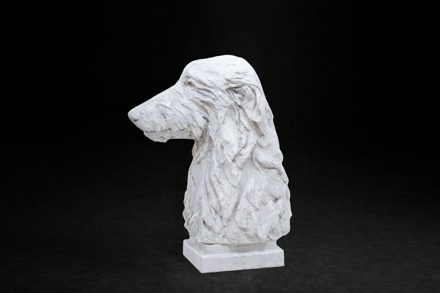 White plaster portrait bust of a Deerhound with a shaggy coat on a stepped square base