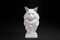 White plaster portrait bust of a Maine Coon cat with a full ruff and tufted ears on a stepped square base.
