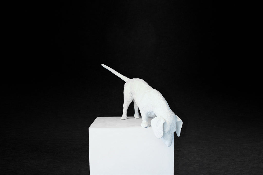 White plaster sculpture of a dachshund leaning forward off the edge of a square plinth.