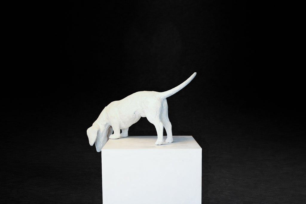 White plaster sculpture of a dachshund leaning forward off the edge of a square plinth.