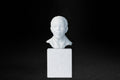 White plaster portrait bust of an elderly man on a square plinth.