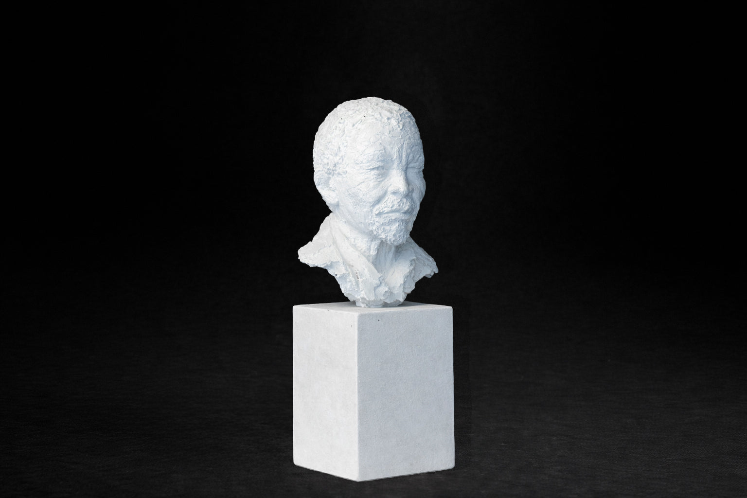 White plaster portrait bust of an elderly man on a square plinth.