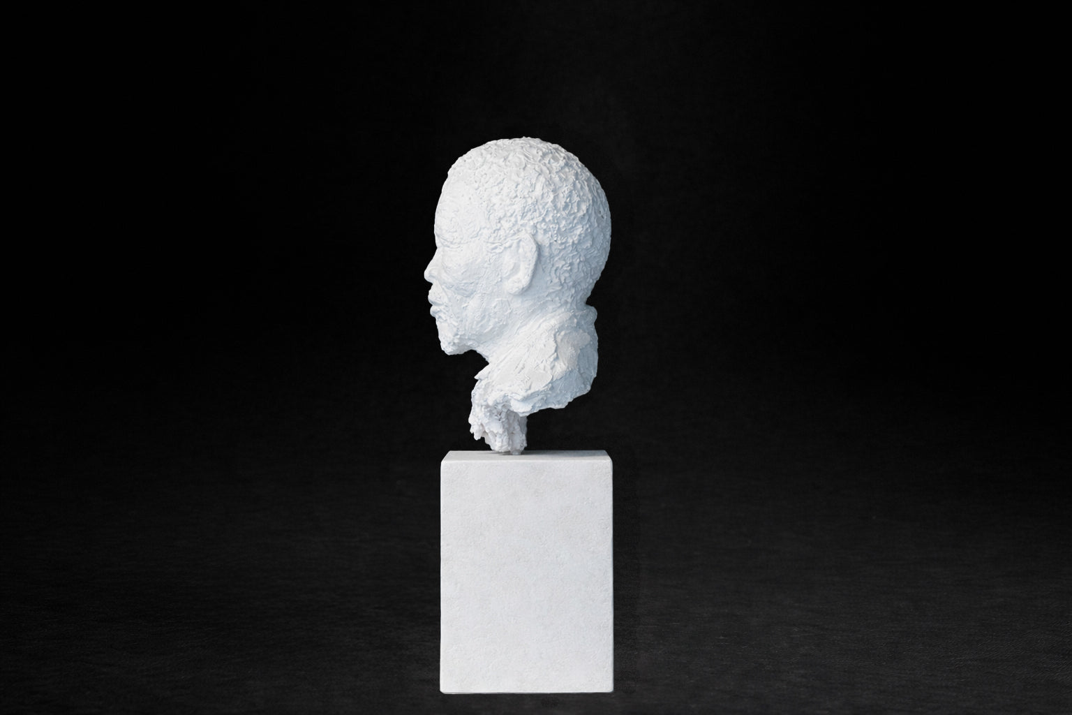 White plaster portrait bust of an elderly man on a square plinth.
