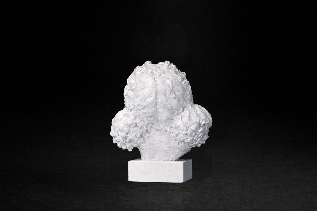 White plaster portrait bust of a young girl with an anguished expression.