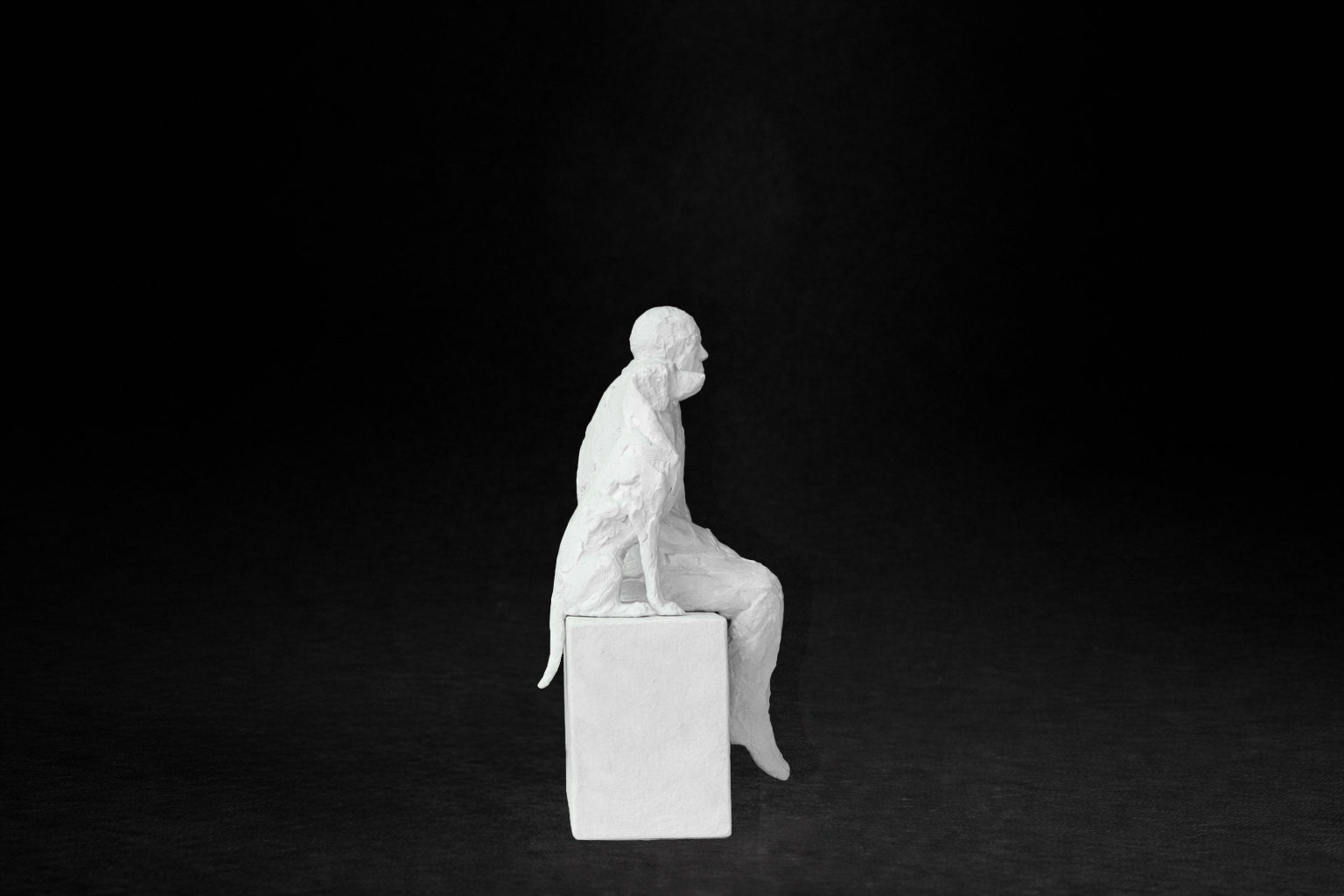 White plaster sculpture of a man sitting on a stone plinth beside his dog, both gazing outward.