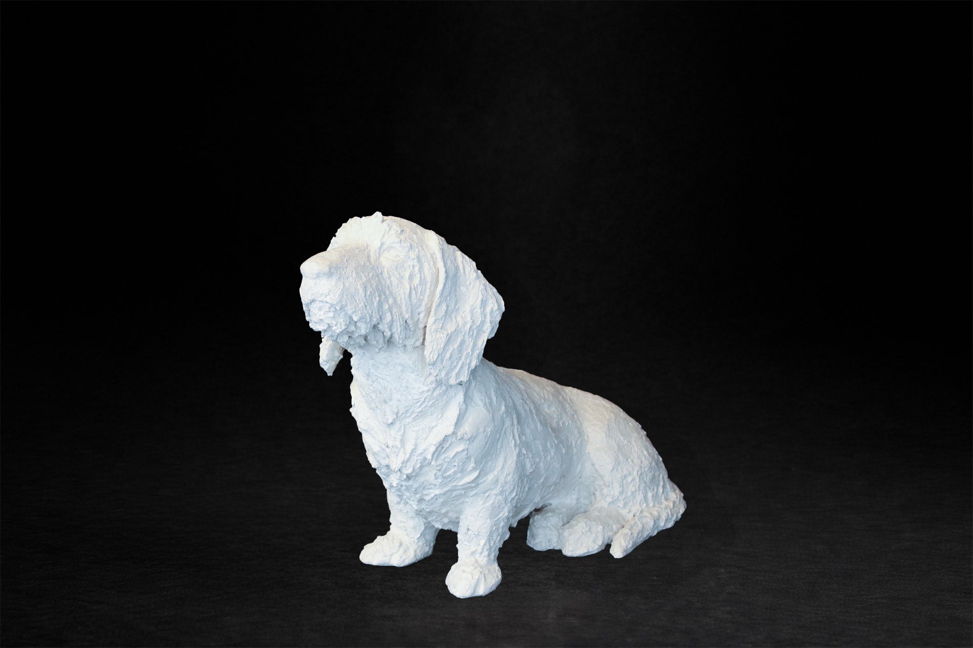 White plaster sculpture of a seated dachshund with an expressive upward gaze.