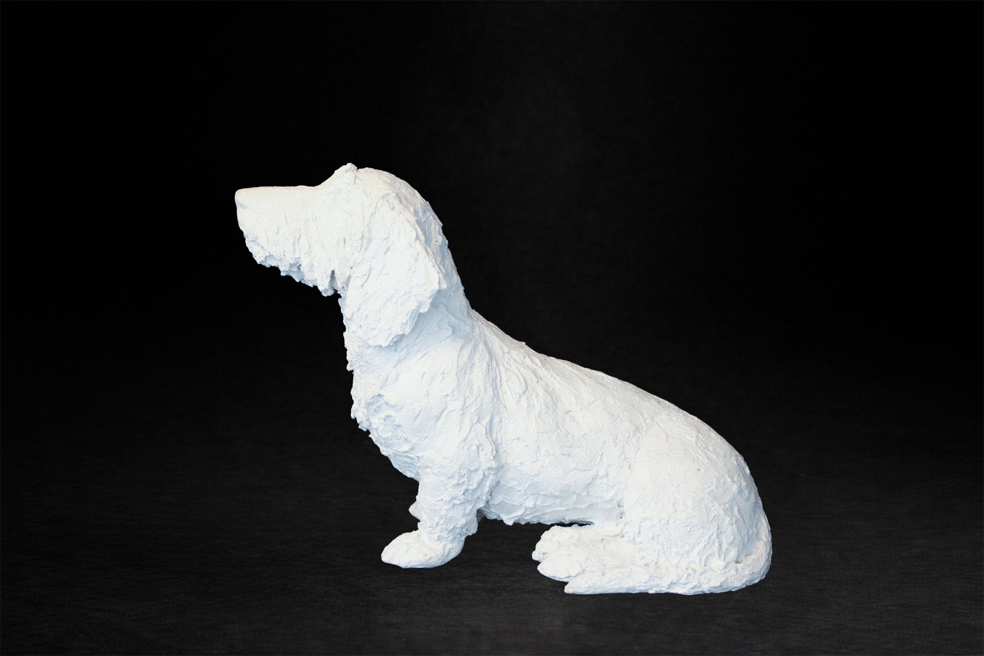 White plaster sculpture of a seated dachshund with an expressive upward gaze.